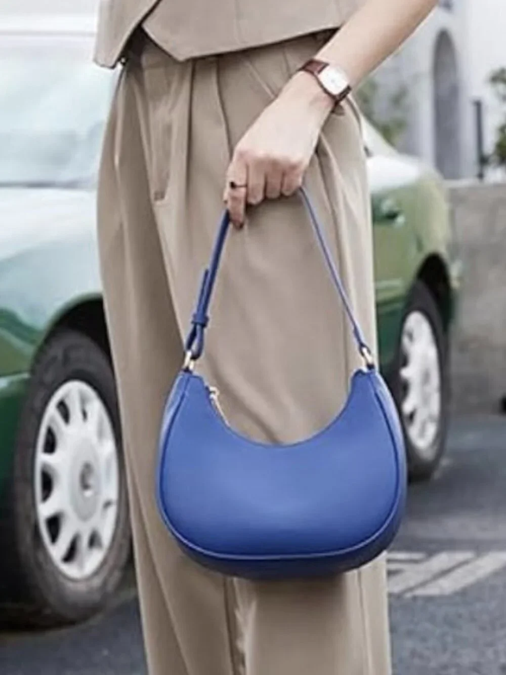 Cobalt Blue Crescent Shoulder Bag, Purse with Zipper Closure